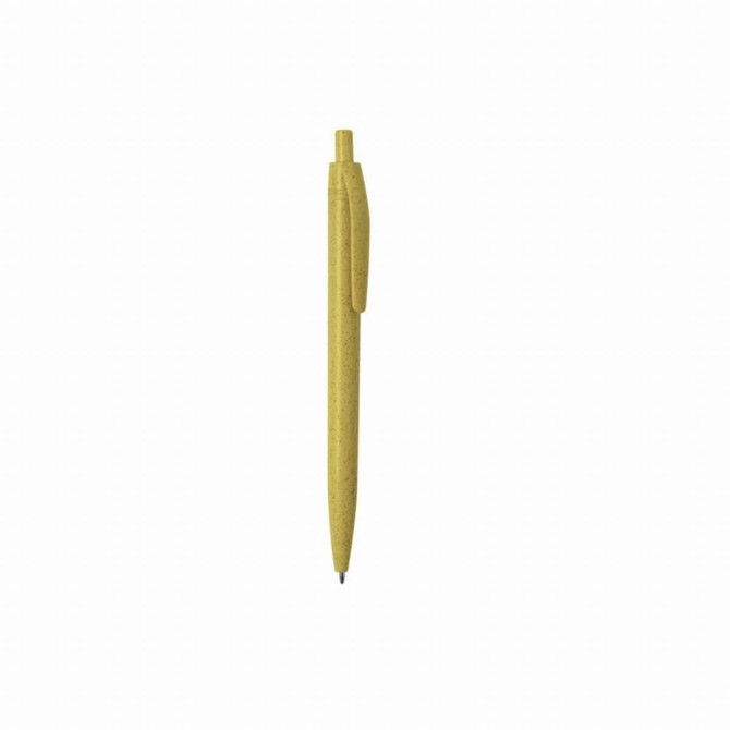 A yellow push-up ball pen made from wheat straw, featuring a clip and a logo.