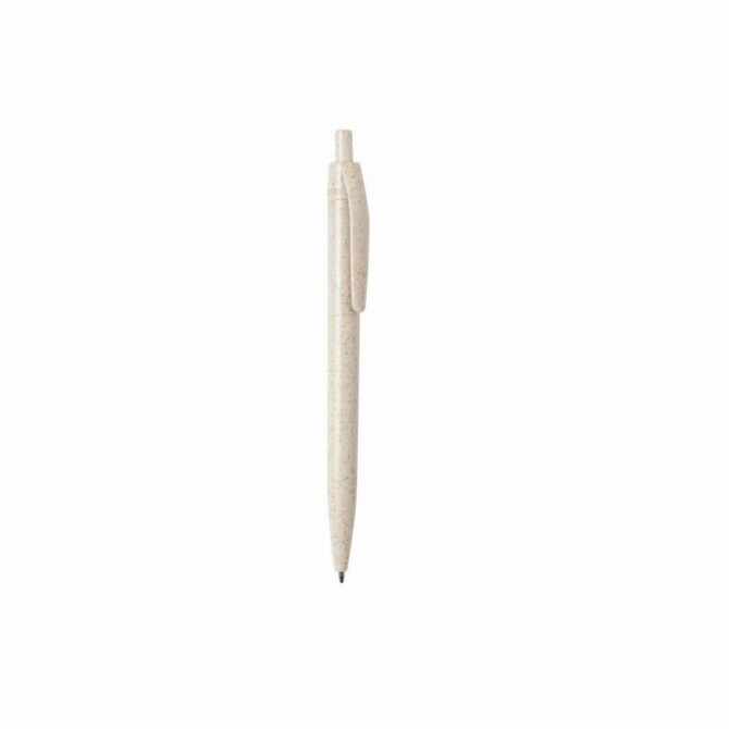 A wheat straw push-up ball pen in light beige colour, featuring a clip and a logo.