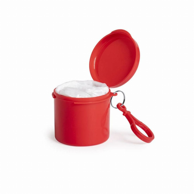 A red pouch with a lid, containing a white interior, featuring a carabiner for attaching.