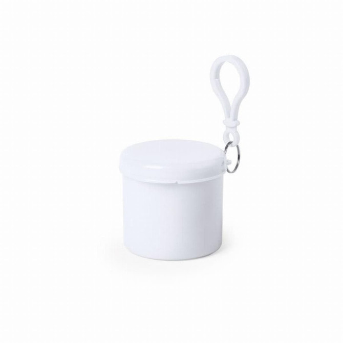 A white pouch with a lid and a carabiner, featuring a simple logo. Compact design for easy portability.