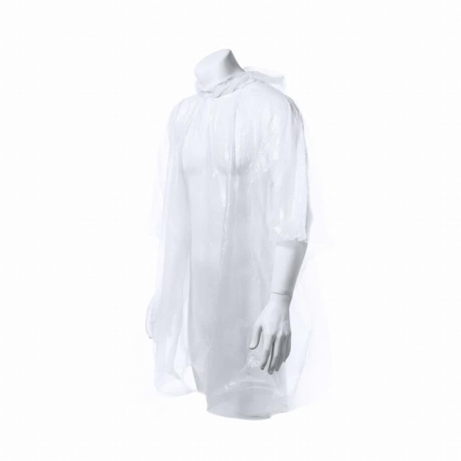 A clear, lightweight poncho displayed on a mannequin with a hood and short sleeves.