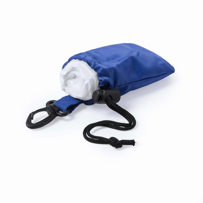 A blue poncho packed neatly in a pouch, featuring a clip and adjustable cord for easy carrying.