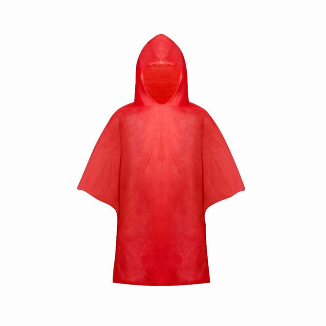 A red poncho with a hood, designed for kids, featuring a simple, lightweight design. It has a logo on it.