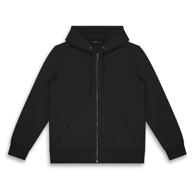 A black unisex hoodie featuring a zip front, drawstring hood, and front pockets, with a logo on the chest.