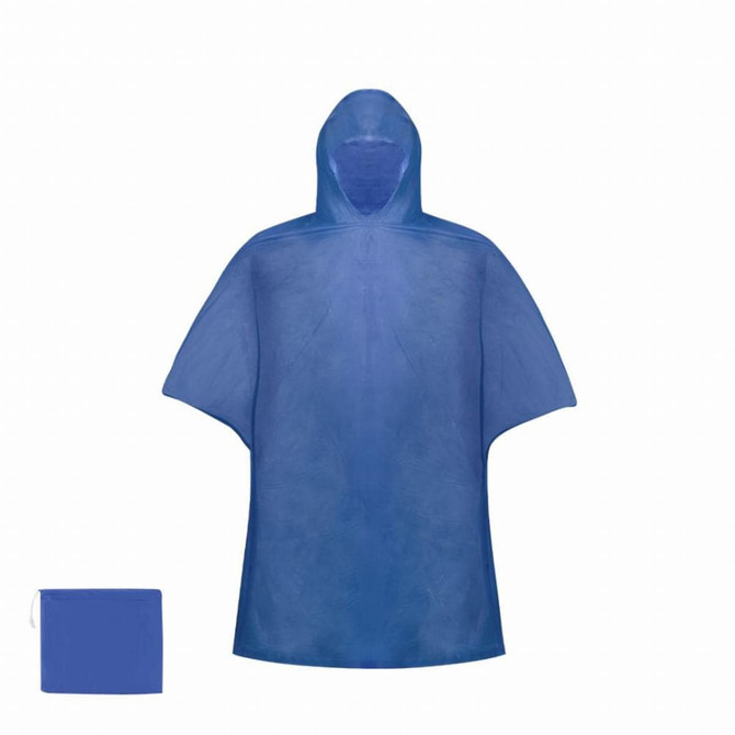 A blue PVC poncho with a hood, accompanied by a compact storage pouch.