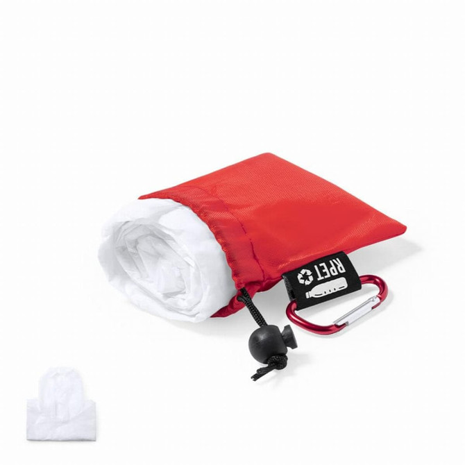 A red poncho tucked into a white pouch with a toggle and a carabiner. Includes a logo.
