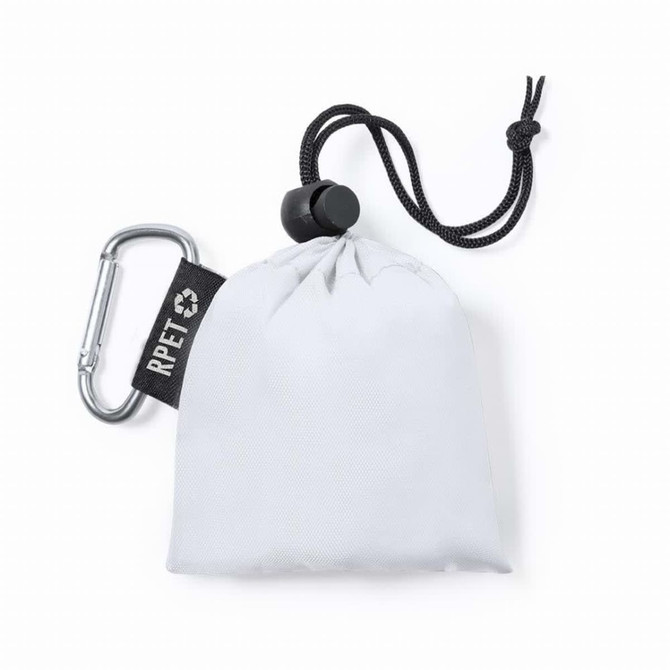 A white poncho packed in a pouch with a carabiner; includes an RPET tag.