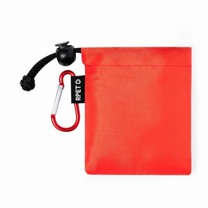 A red pouch made from RPET material with a black drawstring and a carabiner attached. It features a logo.