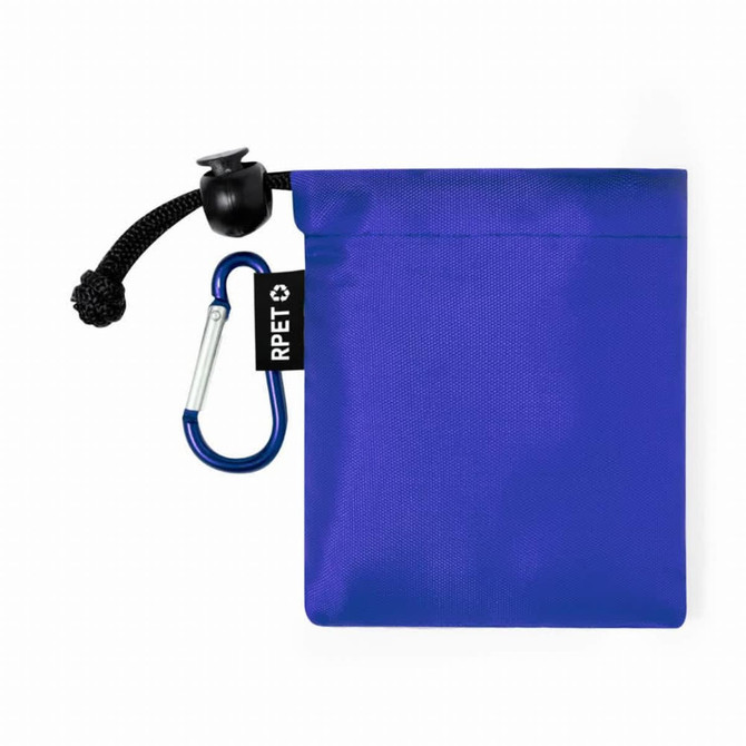 A blue pouch with a drawstring and a carabiner clip, made from RPET material. It features a branding label.
