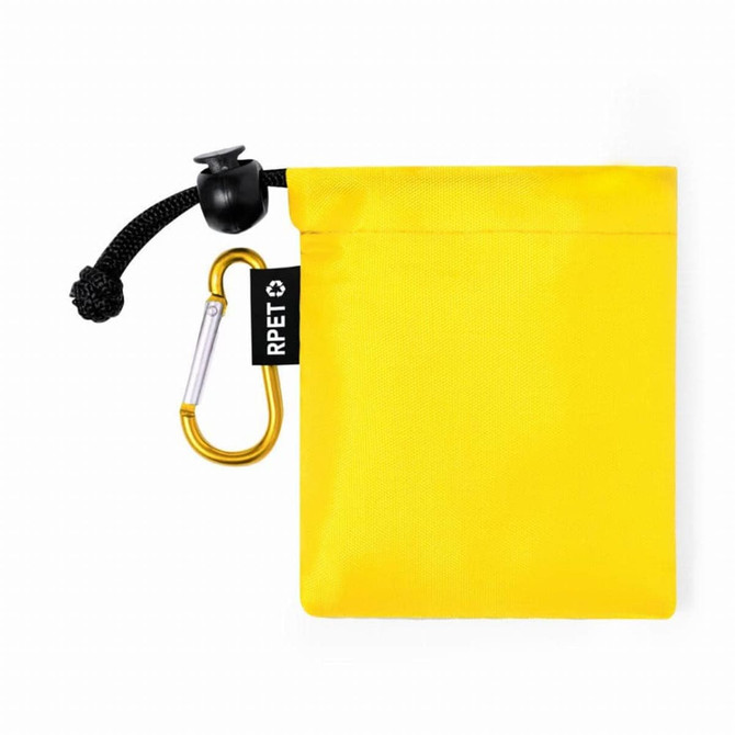A yellow pouch made from RPET material, featuring a black drawstring and a metal carabiner.