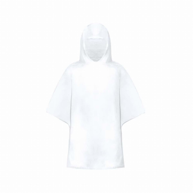A white kids' poncho with a hood, made from RPET material, folded and stored in a matching pouch.