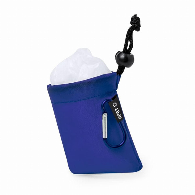 A blue poncho packed in a compact pouch with a carabiner, made from RPET material.