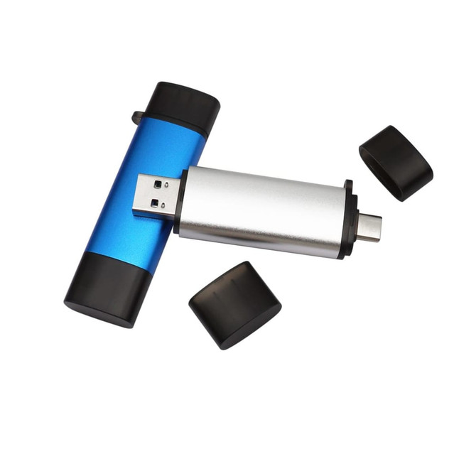 A blue and silver 2 in 1 USB flash drive, featuring detachable black caps. Includes a branding logo.