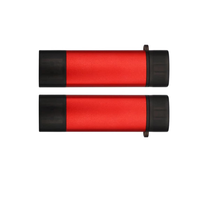 A red USB flash drive with black ends, featuring a logo on the body. Two units are displayed side by side.