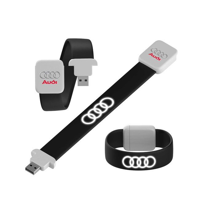 A black LED USB flash drive in the shape of a bracelet, featuring a grey end cap with a logo.