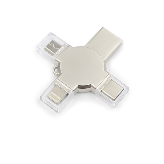 A silver 3-in-1 USB flash drive with multiple connectors, featuring a clear casing on the sides.