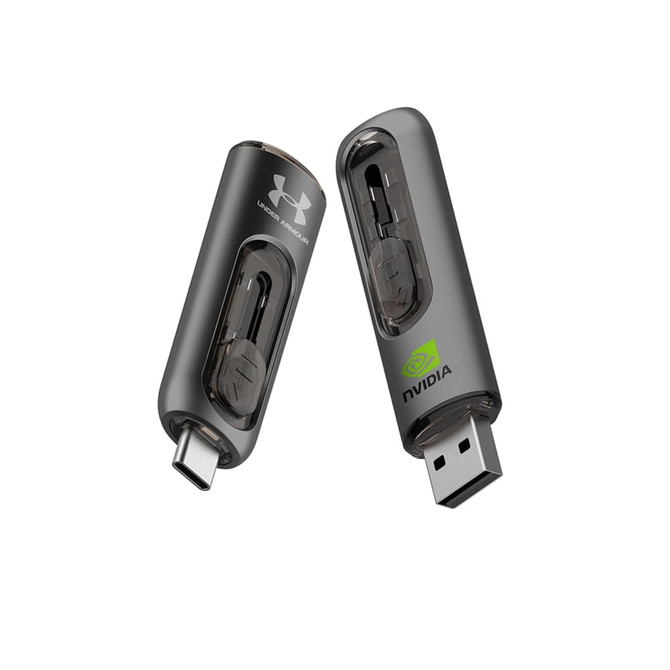 A grey 2 in 1 USB flash drive featuring USB-C and USB connectors, with logos on either side.