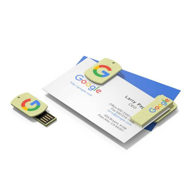 A green USB flash drive with a natural straw design, alongside a business card featuring a logo.