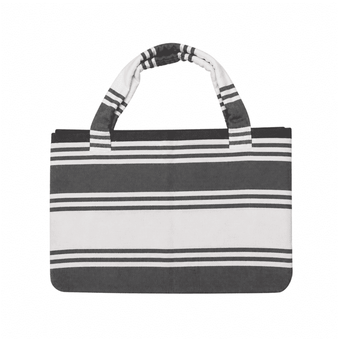 A foldable beach towel bag in grey and white stripes, featuring handles and a logo. Ideal for leisure and outdoor activities.