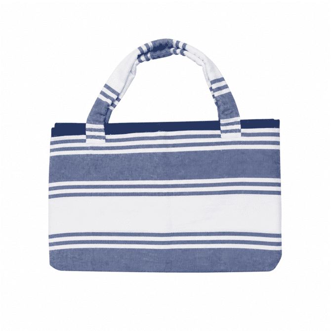A foldable beach towel bag in blue and white stripes, featuring sturdy handles and a spacious design.
