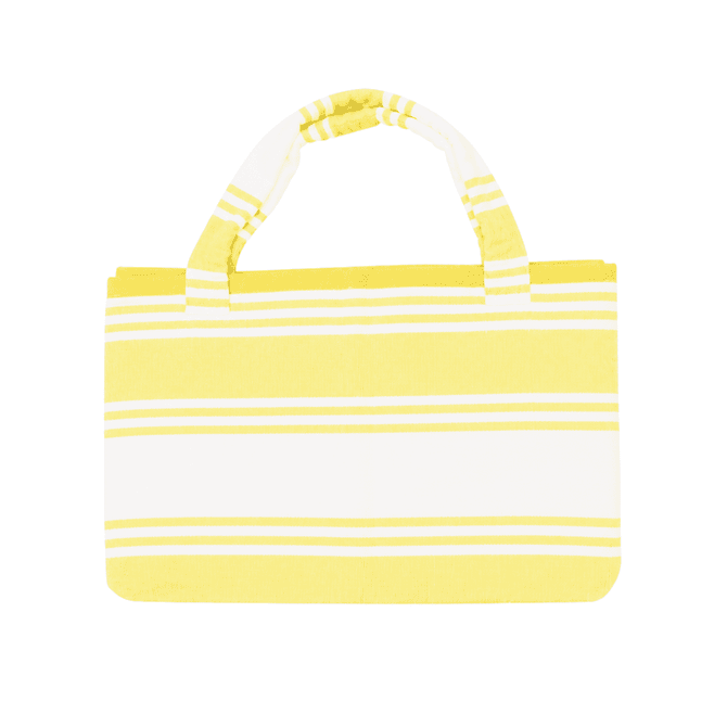 A yellow and white striped foldable beach towel bag with sturdy handles, featuring a logo.