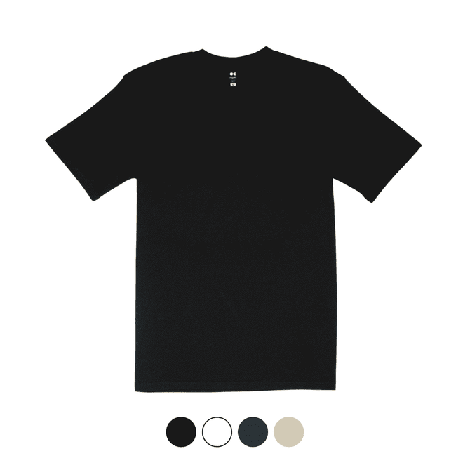 A classic fit black T-shirt with short sleeves, featuring a logo on the neckline and multiple colour options below.