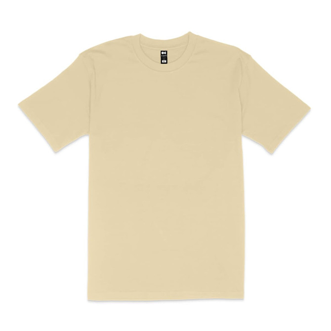 A classic fit tee in a light beige colour, featuring short sleeves and a simple design with a logo.