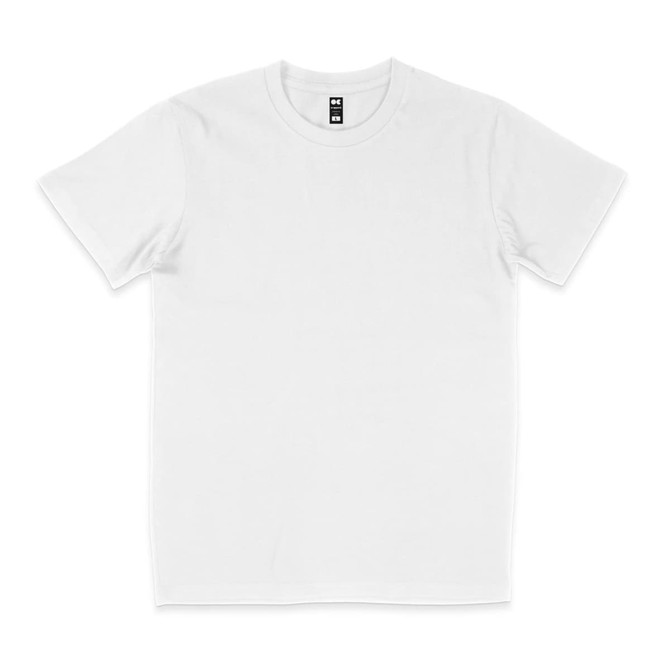 A plain white t-shirt with short sleeves and a tag at the neck, featuring a branding label.