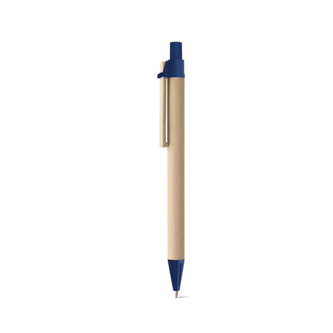 A pen with a beige barrel and blue accents, featuring a clip and a ballpoint tip. It has a logo on the barrel.