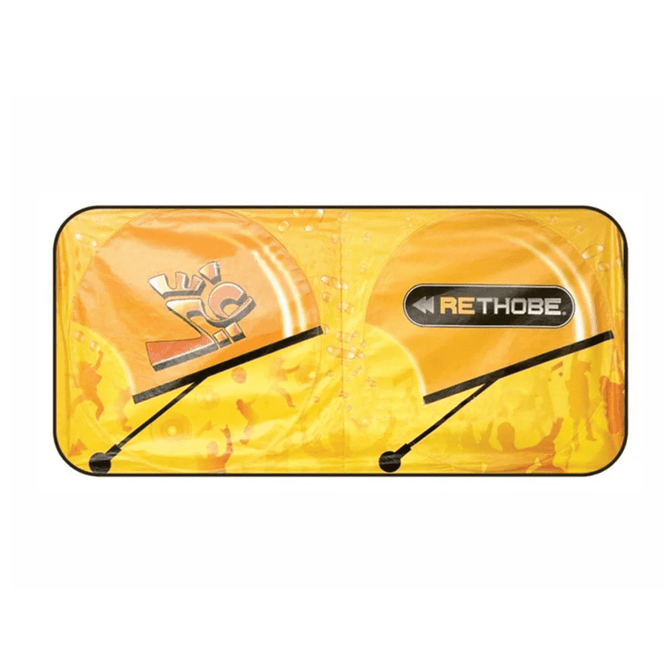 A foldable car sun visor in bright yellow featuring a logo and a sun design.