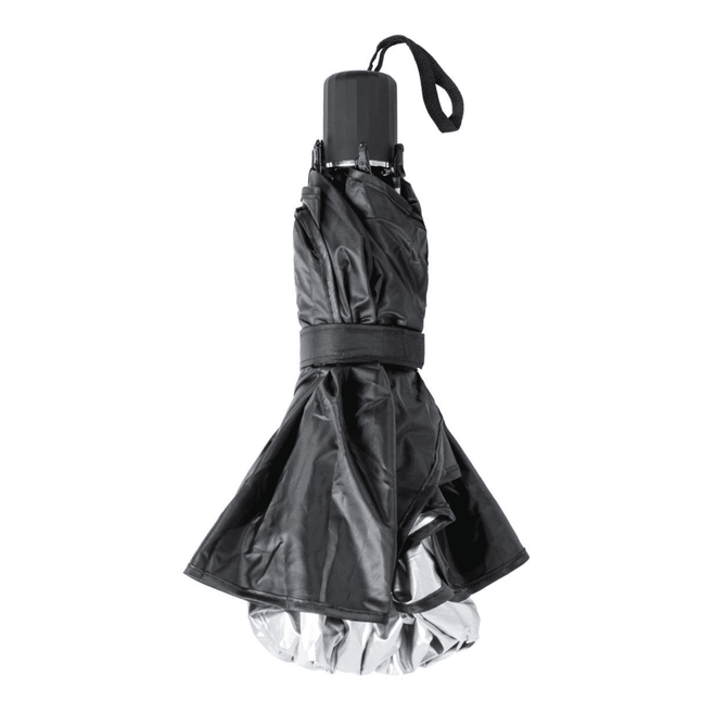 A black car sunshade umbrella with a silver interior, folded and secured with a strap. It includes a handle for easy carrying.