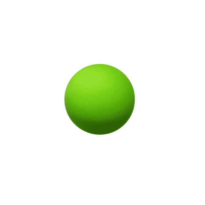 A bright green bouncy ball. The ball has a smooth, solid surface and features a logo.