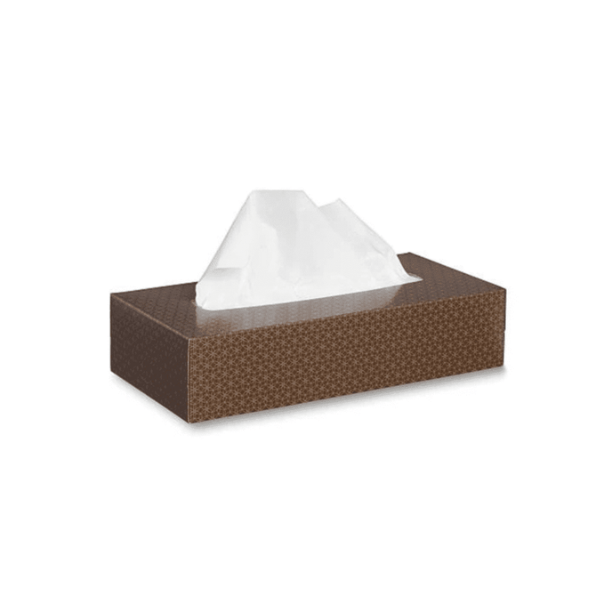A rectangular tissue box in a brown patterned design with white tissues partially pulled out.