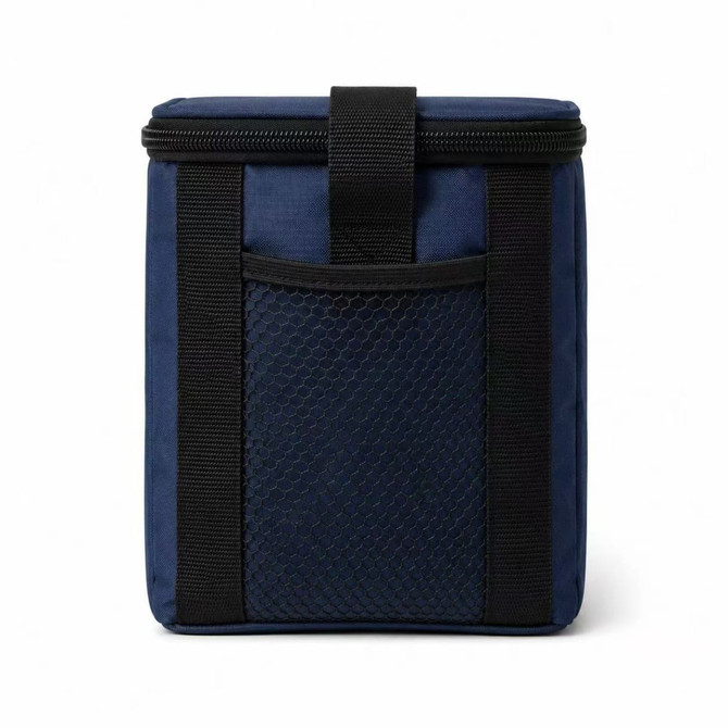 A navy cooler bag with a mesh pocket and black straps, featuring a zip closure. Includes a logo on the front.