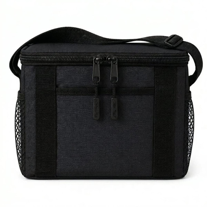 A black tote bag with a zippered top, featuring mesh side pockets and a shoulder strap. It has a simple logo.