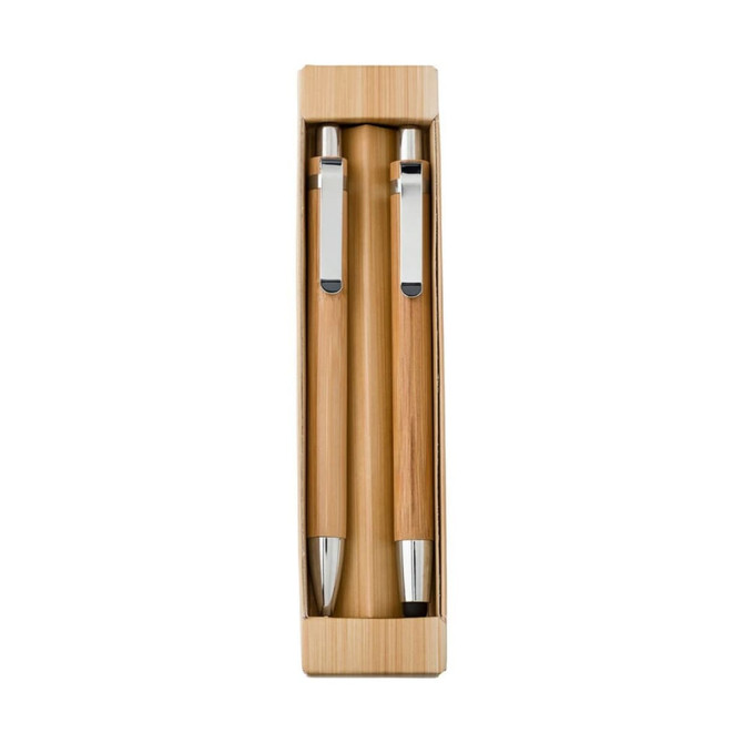 A bamboo writing set featuring a ball pen, touch pen, and mechanical pencil, all in a bamboo presentation box.