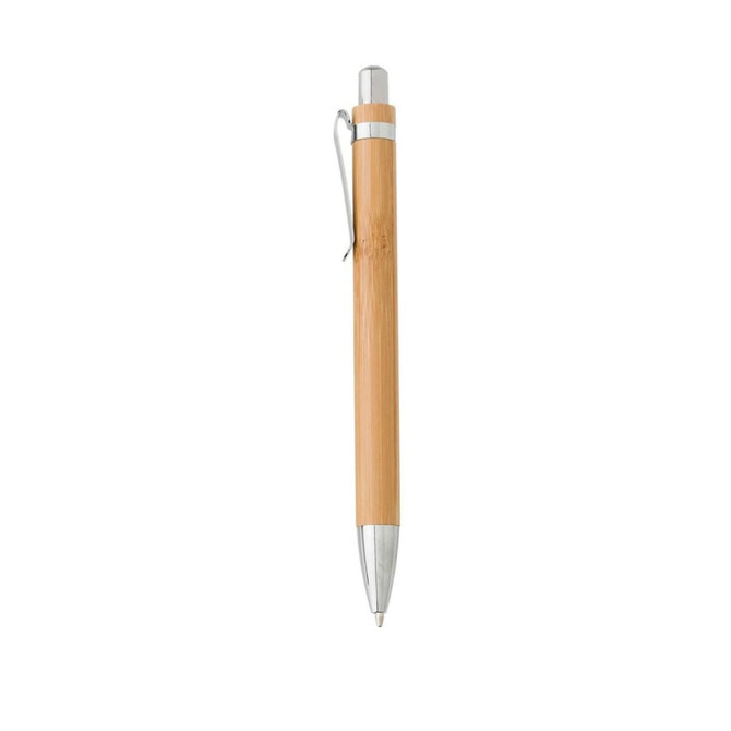 A bamboo ball pen with silver accents, featuring a sleek design and a clip for easy attachment.