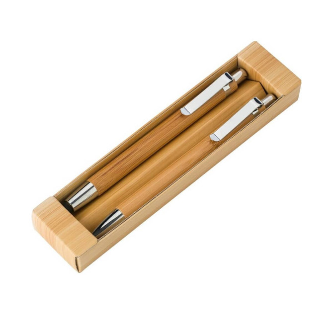 A bamboo writing set featuring a ball pen, touch pen, and mechanical pencil, presented in a wooden box with silver accents.