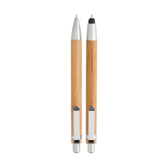 A promotional KOBY Bamboo Writing Set featuring a ball pen and touch pen, both with bamboo and silver detailing.