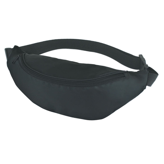 A black bum bag with a zippered compartment and an adjustable strap. It features a branding logo.