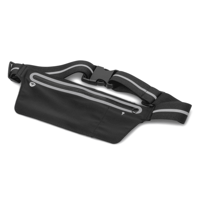 A black running pouch with a zipper pocket and adjustable strap, featuring grey accents and a logo.