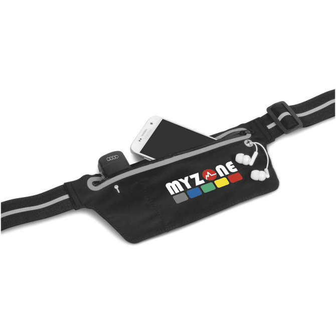 A black running pouch with a zippered compartment holding a phone and earphones, featuring a logo on the front.