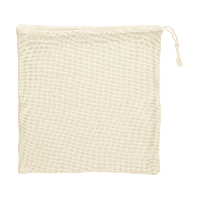 A light cream-coloured mesh bag with a drawstring closure. The bag has a textured pattern.
