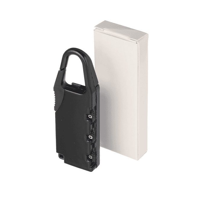 A black travel padlock with a carabiner clip next to a plain white box packaging.