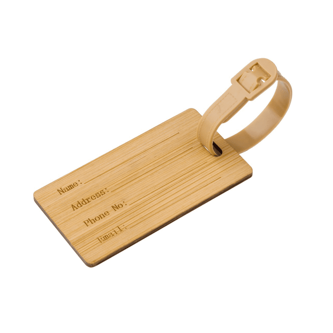 A bamboo luggage tag in natural tones with a beige strap and space for personal information.
