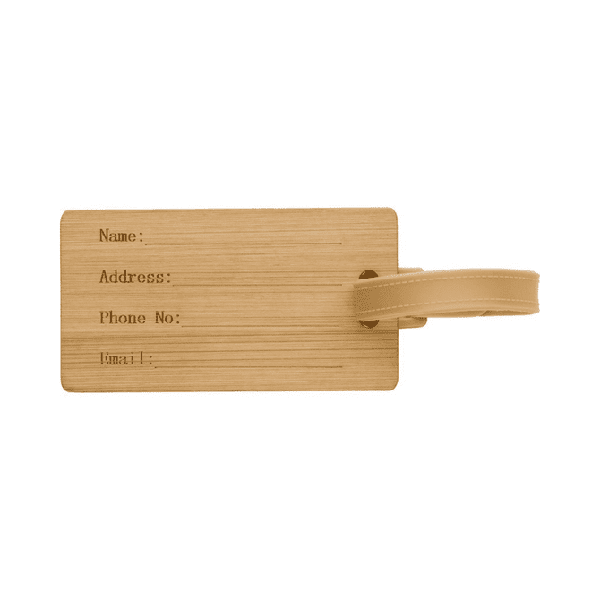 A bamboo luggage tag featuring spaces for personal information and a tan strap for attachment.
