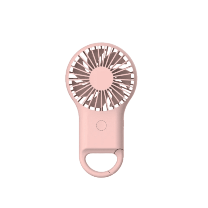 A pink portable fan with a circular design and a handle, featuring a central ventilation blade and a button.