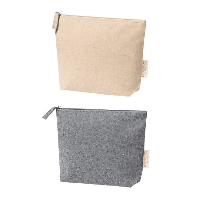 A beige and a grey recycled cotton cosmetic bag are displayed, both featuring a zip closure and a logo.