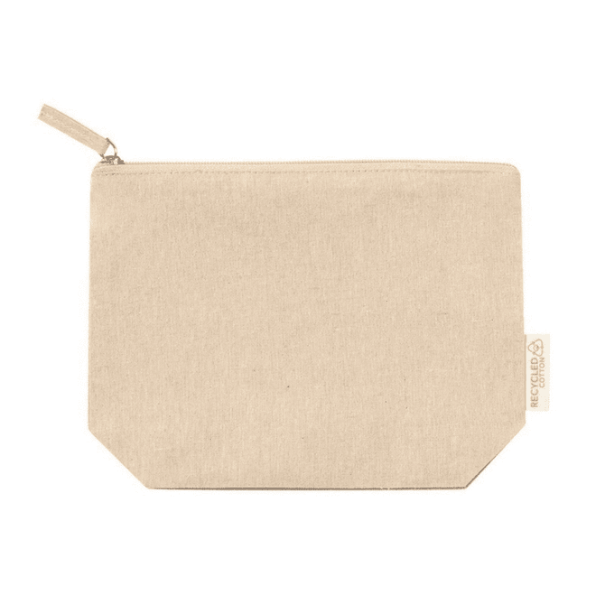 A beige recycled cotton cosmetic bag with a zipper closure and a small tag.