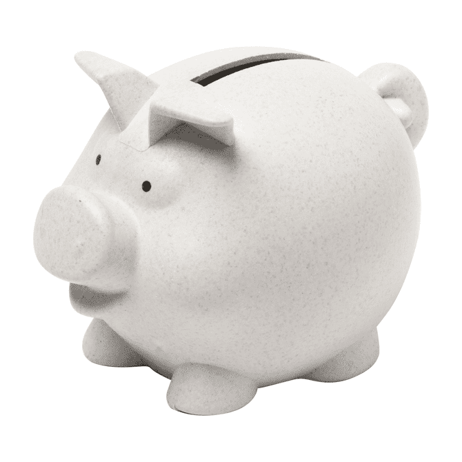 A white piggy bank with a smooth, rounded shape and small ears and feet, featuring a coin slot on top.